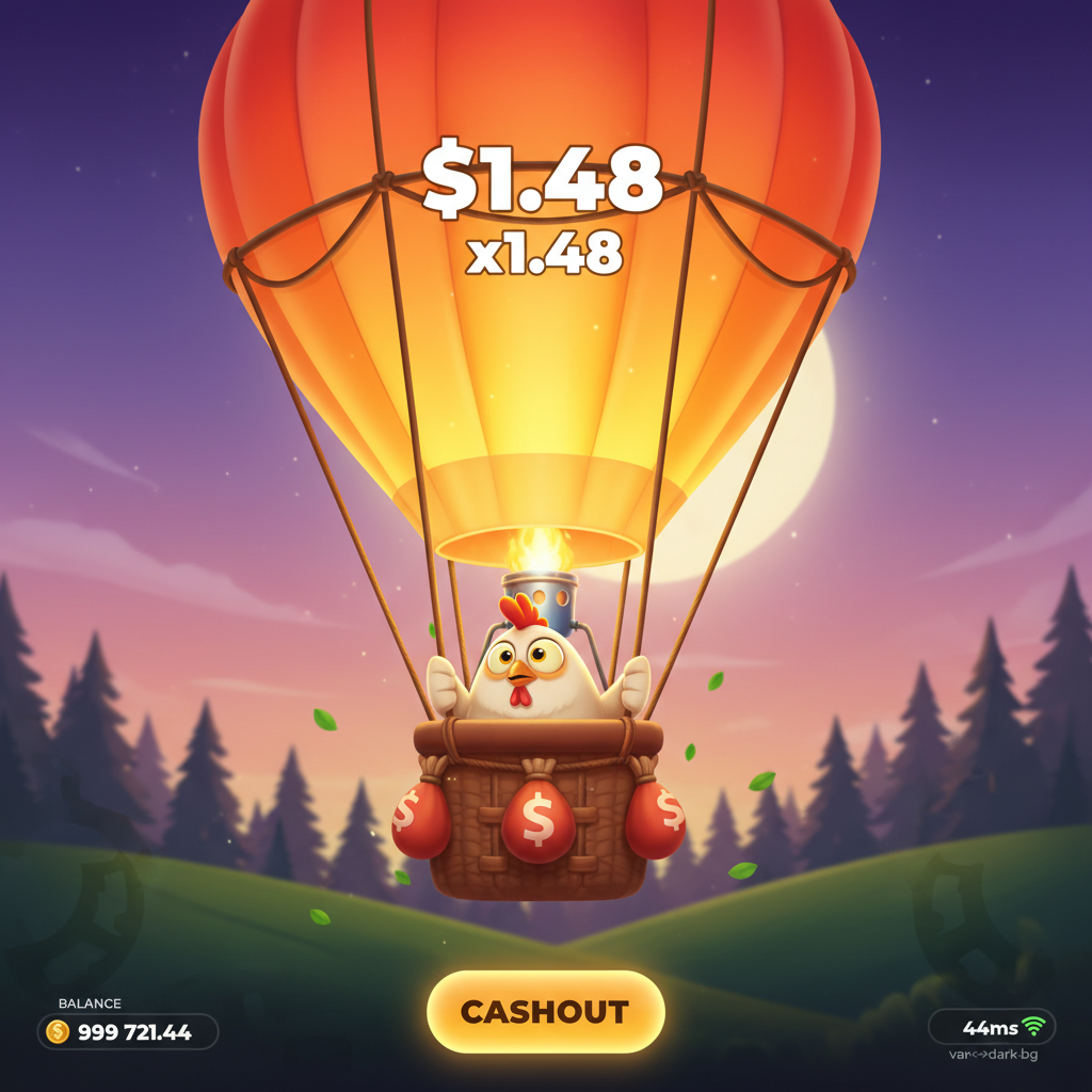 BalloniX gra crash z balonem na gorące powietrze, kurczak pilot, krajobraz o zmierzchu, mnożniki do wygranej