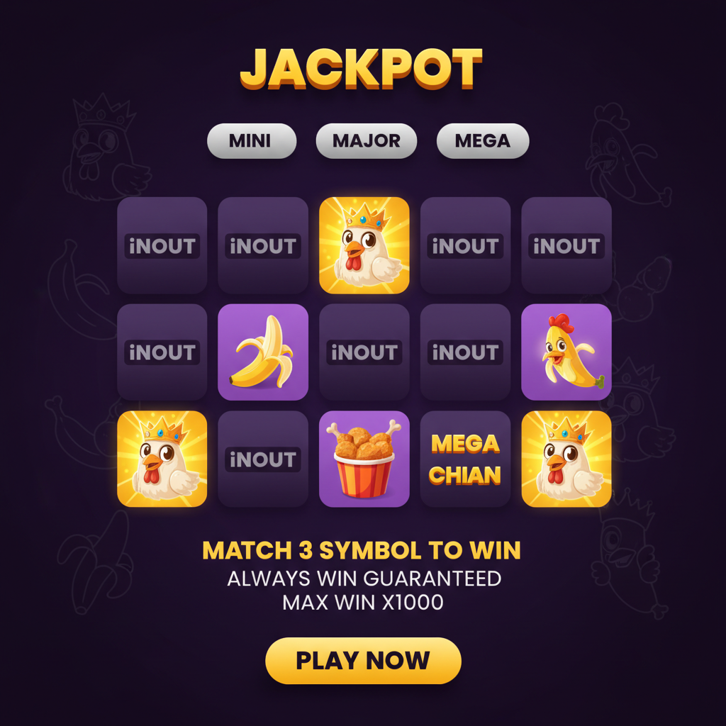 Chicken Banana automat - kurczak w koronie, żółte banany i wiadro smażonego kurczaka na fioletowym tle z siatką 5x4 kart