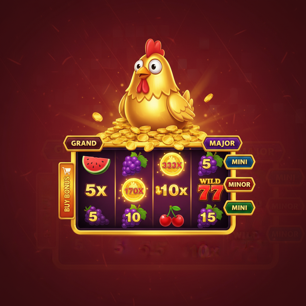 Chicken Coin: Hold and Win – złoty kurczak siedzący na stosie monet, automaty z monetami bonusowymi i symbolami owoców
