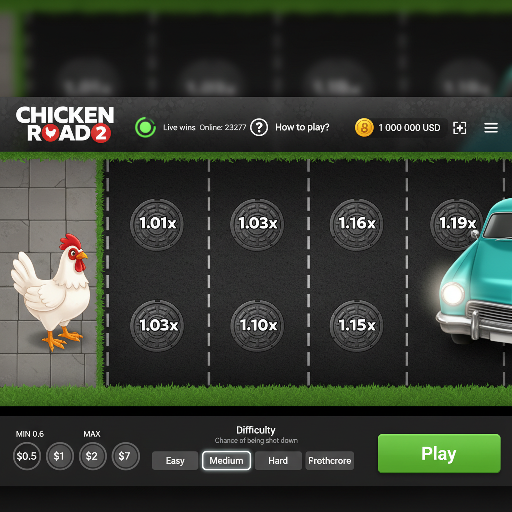 Chicken Road 2 gra: biały kurczak z czerwonym grzebieniem przechodzi przez 6 pasów ruchu z mnożnikami od 1.01x do 1.19x na ciemnym asfalcie