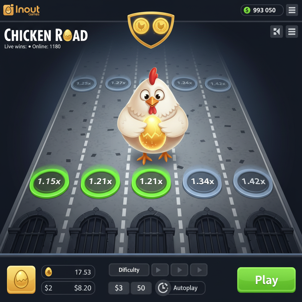 Chicken Road Bonus kurczak przekraczający drogę z złotym jajkiem i mnożnikami na szarej drodze z pasami, grafika gry InOut Games