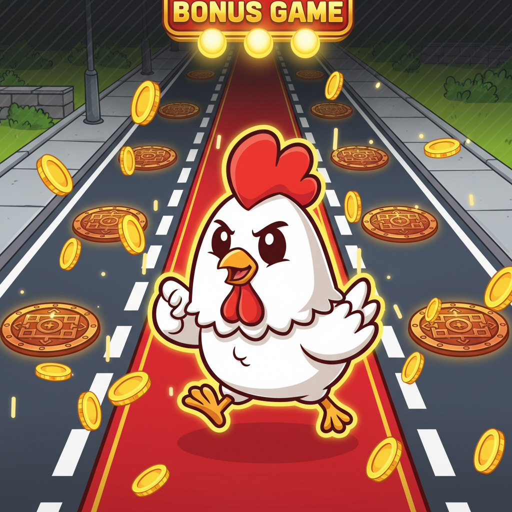 Chicken Road 2 Bonus slot z kreskówkowym kurczakiem przekraczającym wielopasmową drogę, złote monety i czerwony chodnik bonusowy