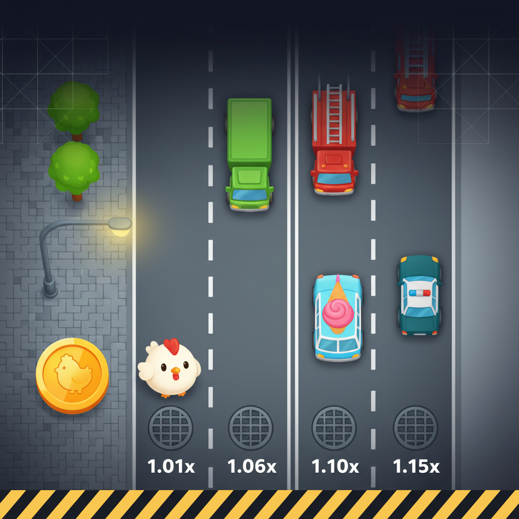 Chicken Road gra instant win z kurczakiem przekraczającym wielopasmową drogę, unikając samochodów i ciężarówek, widok z góry
