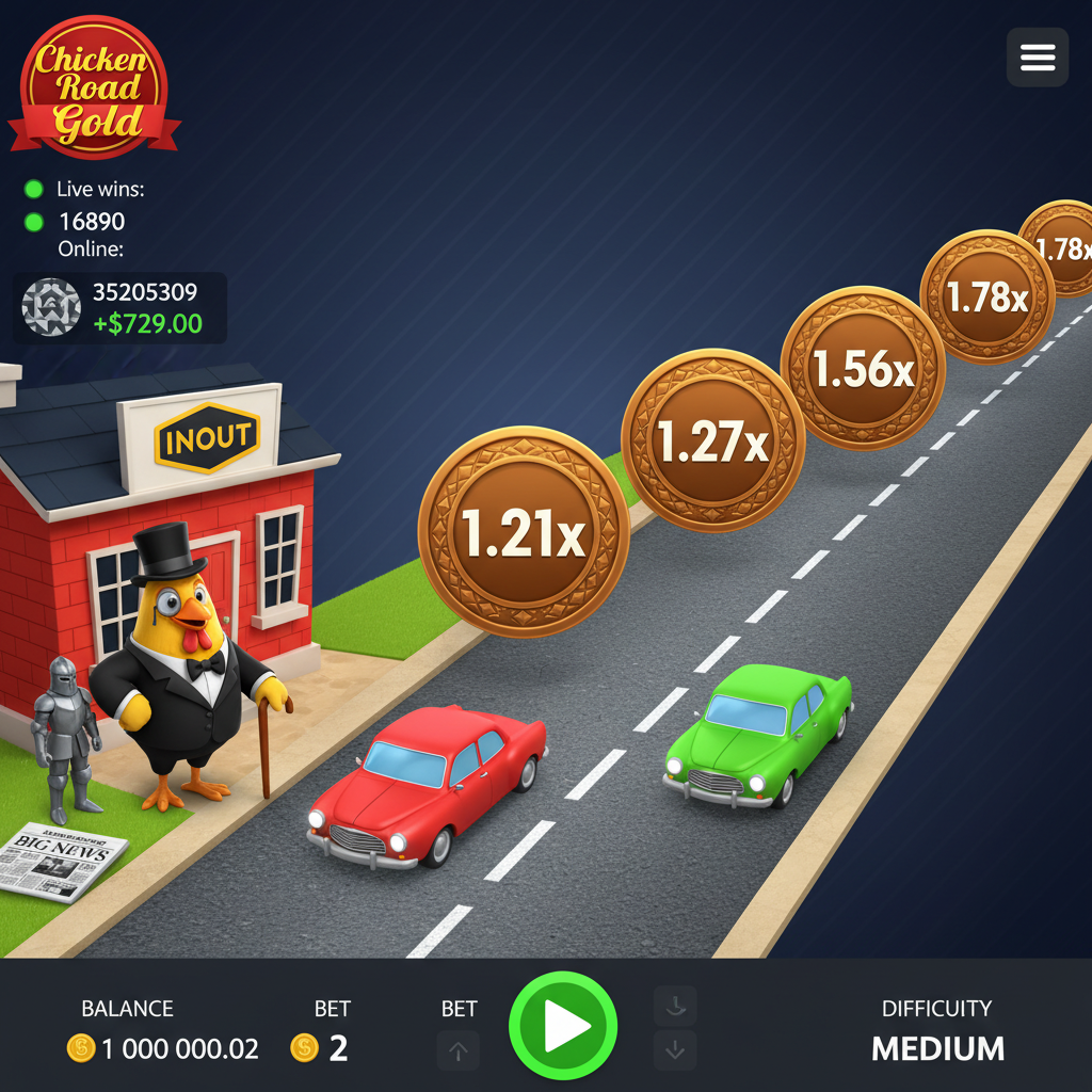 Chicken Road Gold - elegancki kurczak w cylindrze i garniturze przechodzący przez drogę z samochodami i złotymi monetami mnożników