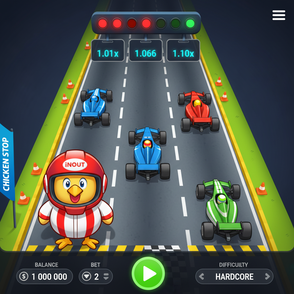 Chicken Road Race - kurczak w czerwonym kasku wyścigowym z logo iNOUT, wyścig po autostradzie, widok z góry, kolorowe samochody wyścigowe