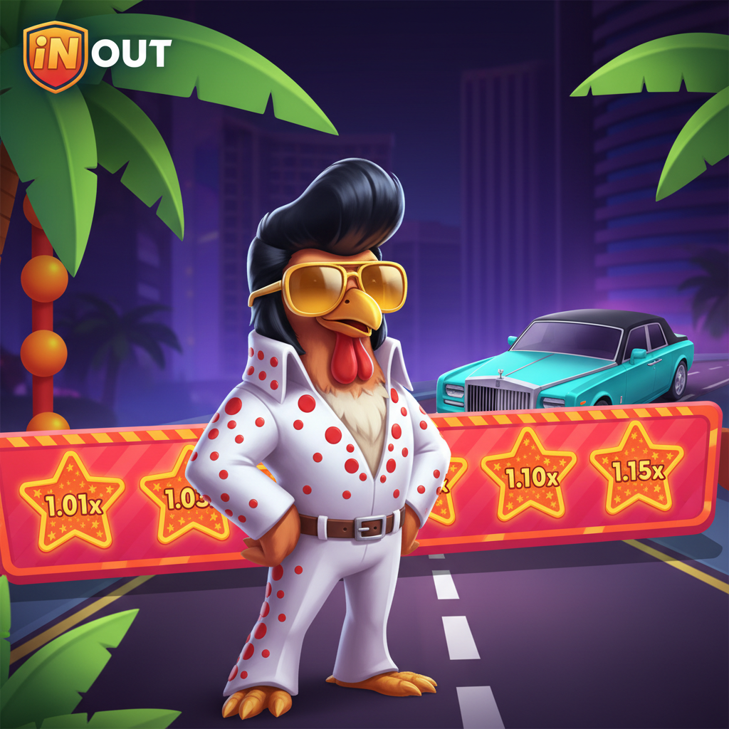 Chicken Road Vegas - kurczak w stroju Elvis na drodze w Las Vegas z palmami, neonami i luksusowymi samochodami