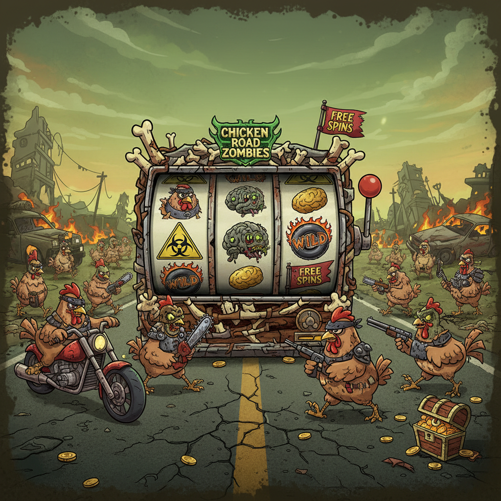 Chicken Road Zombies automat z kurczakami walczącymi z zombie na opustoszałej drodze, dzikie symbole i skarby