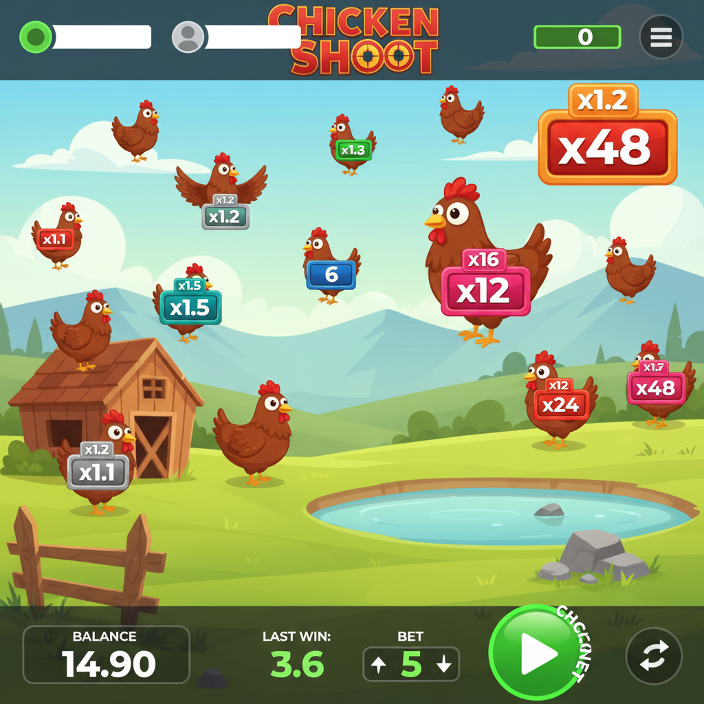 Chicken Shoot gra slotowa z kurczakami noszącymi mnożniki od x1.1 do x48 na farmie z drewnianą stodołą i stawem